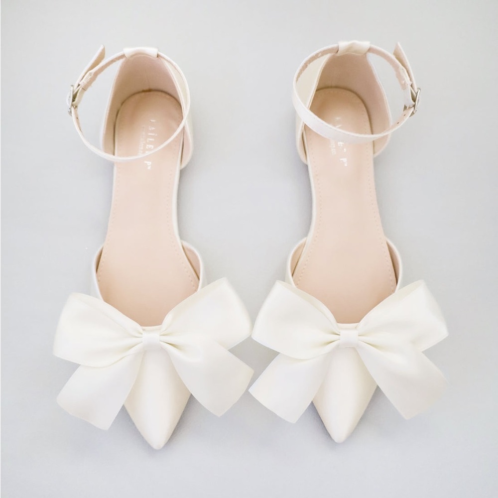 Kailee P Bridal IvorySatin Pointy Toe Flats with Front Bow | Size 8 (Brand new!)